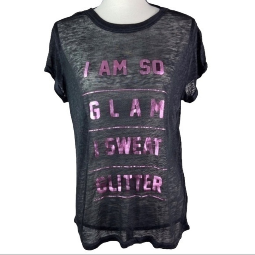 F.I.T Top I Am So Glam I Sweat Glitter Black Sheer Tee Shirt Top